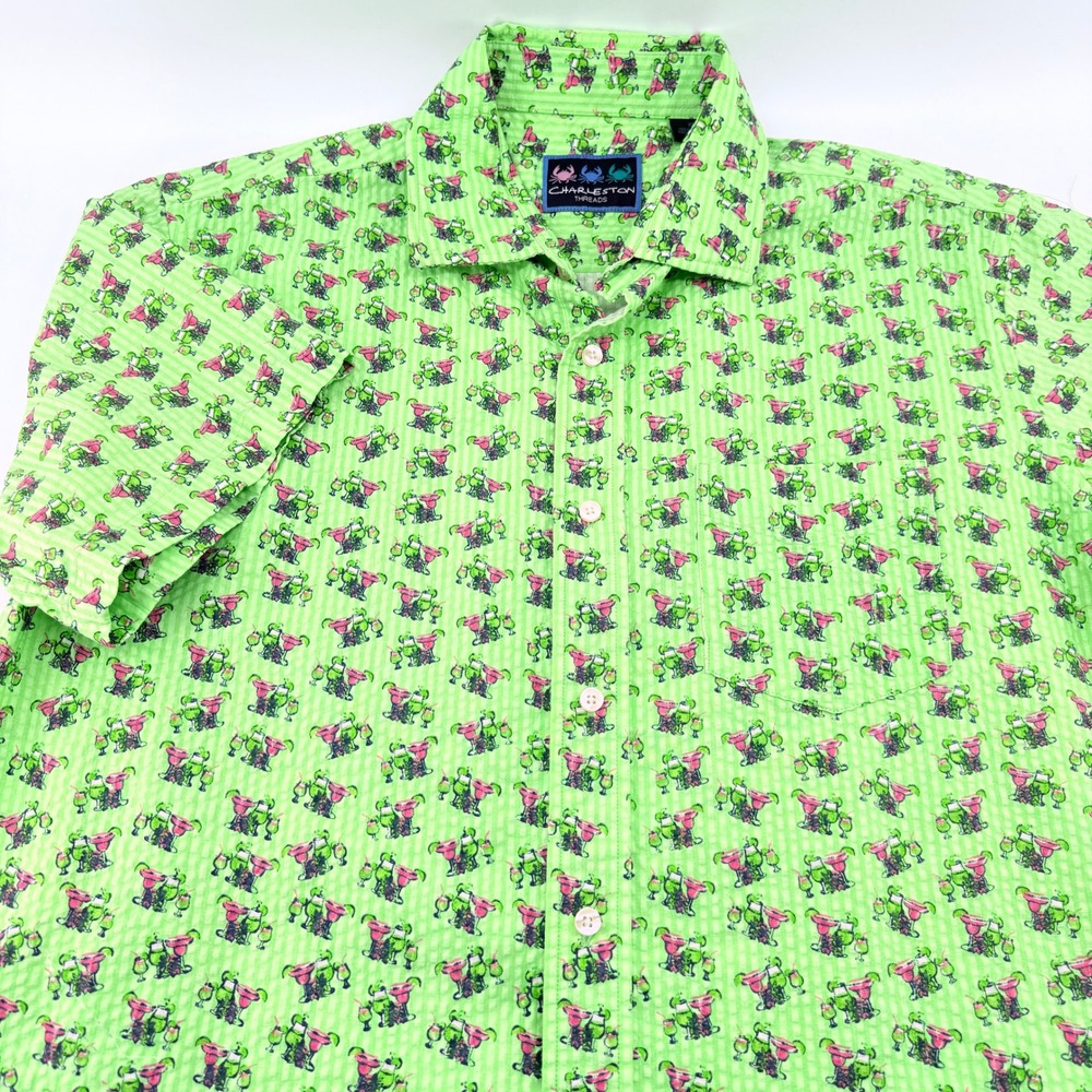 Charleston Threads Seersucker Shirt Mens XL Margarita Lime Green Short Sleeve